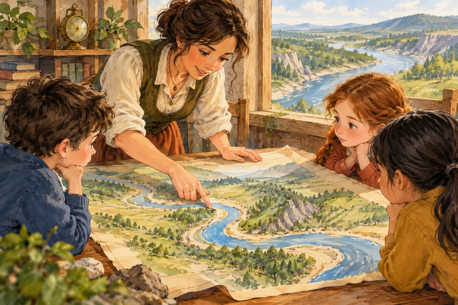 a teacher indicating a change in river direction on a large paper map