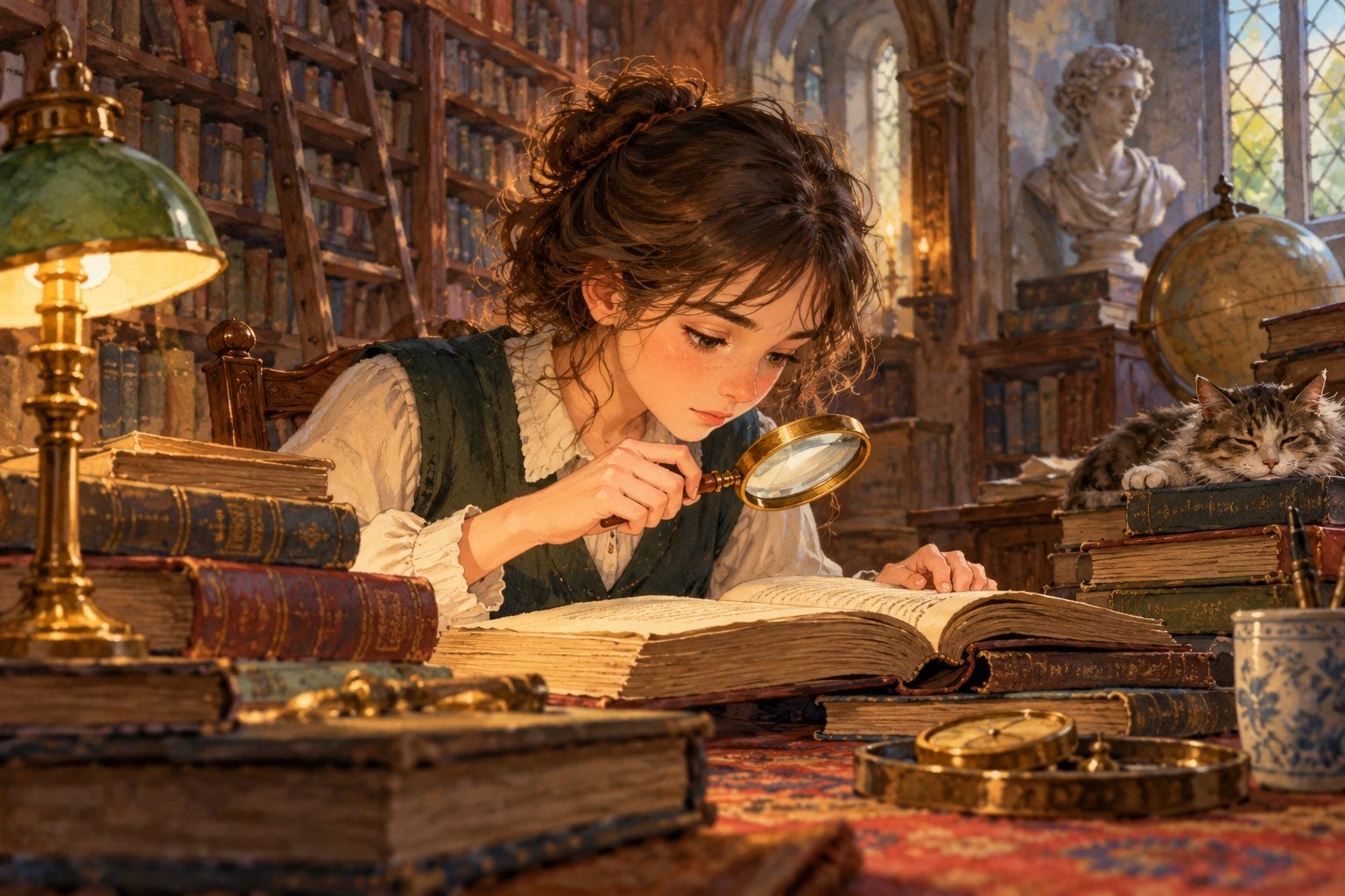 a student looking back at a prior paragraph with a small magnifying glass in an old library