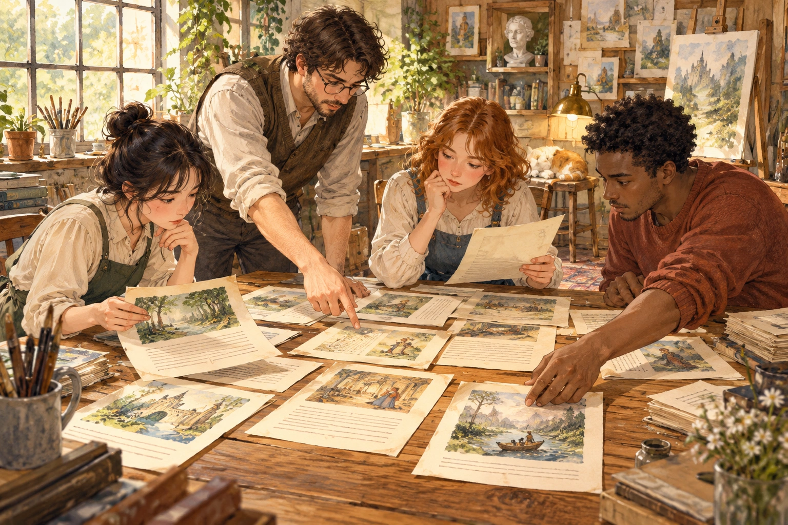 a group rearranging manuscript pages across a wooden table in an art studio