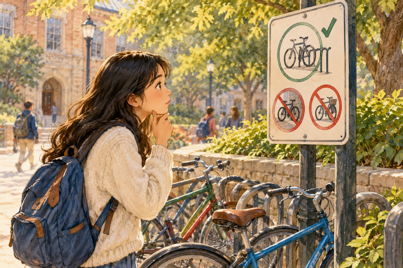 a student noticing a new policy sign near a bicycle rack, no readable text