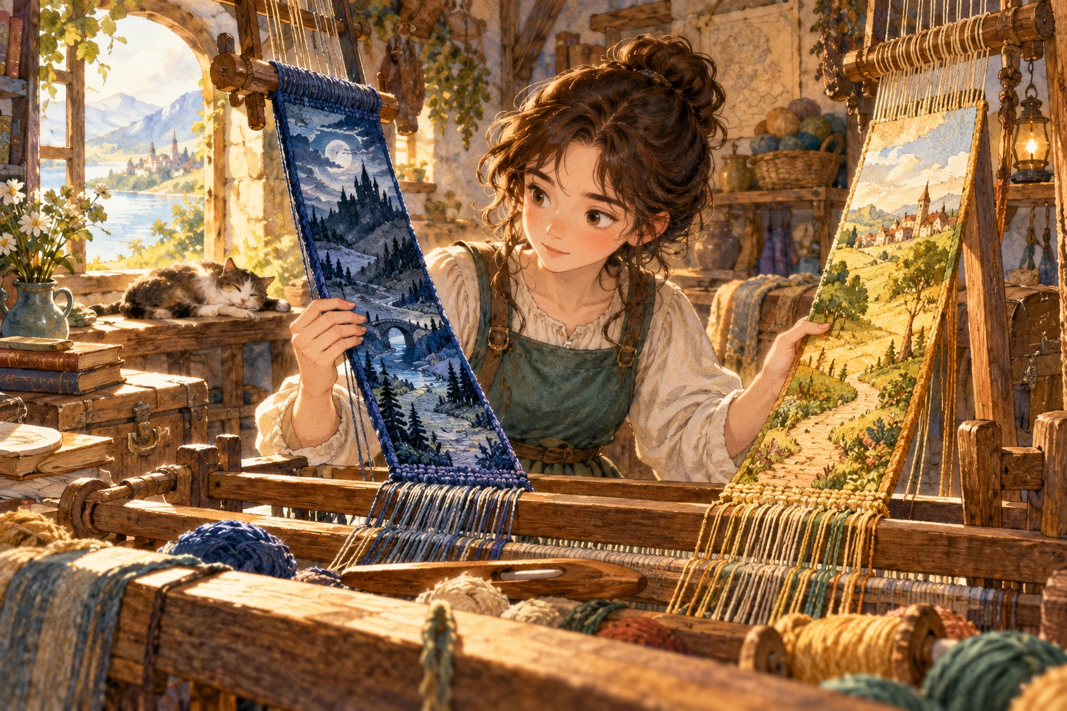 a girl comparing two narrative threads woven on a loom in a workshop