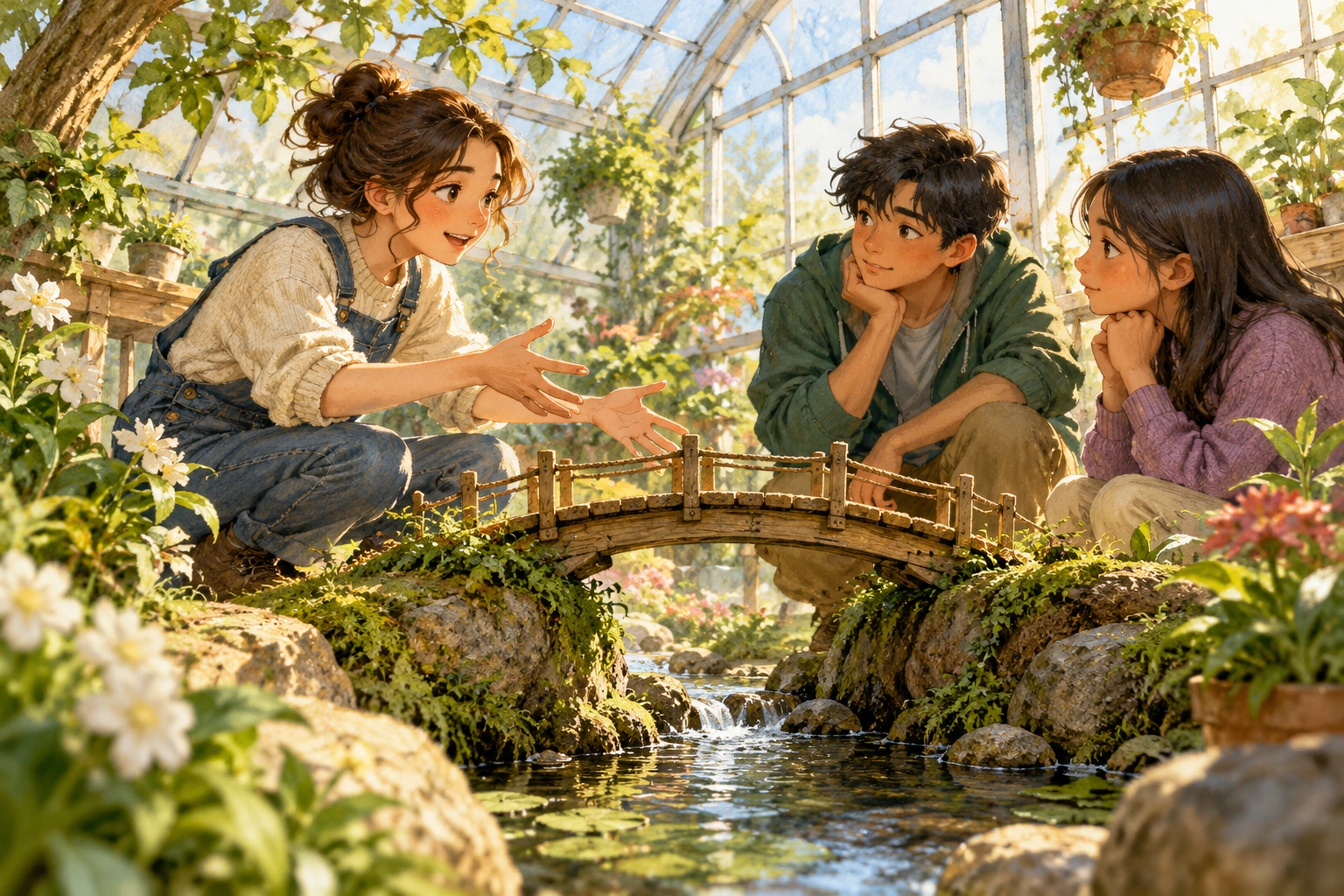 students explaining how a bridge connects two parts of an argument in a greenhouse