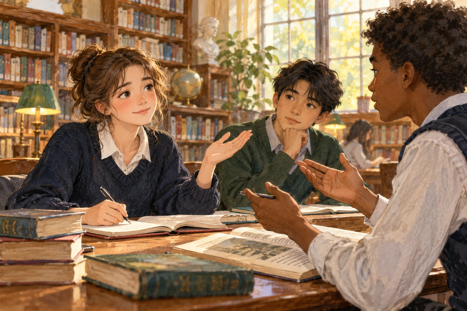 a student conceding one point in a calm debate in a school library