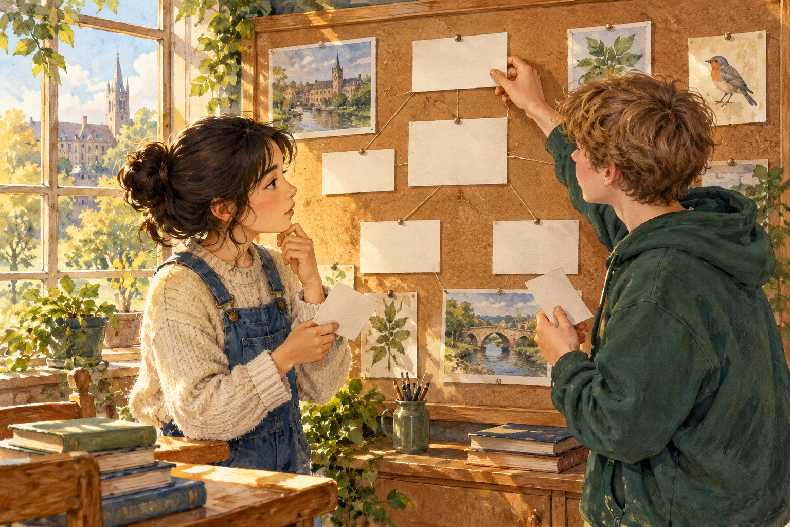 two classmates revising a claim on a notice board with blank cards