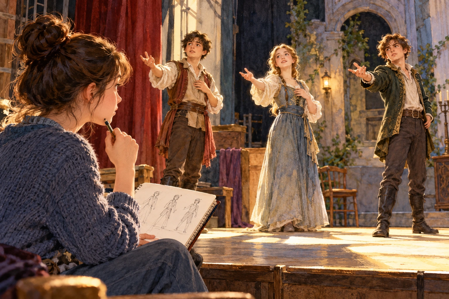 a student comparing three nearly identical gestures during a theater rehearsal