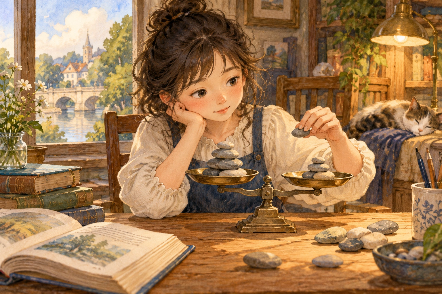 a girl weighing a strong and a cautious claim with small stones on a desk