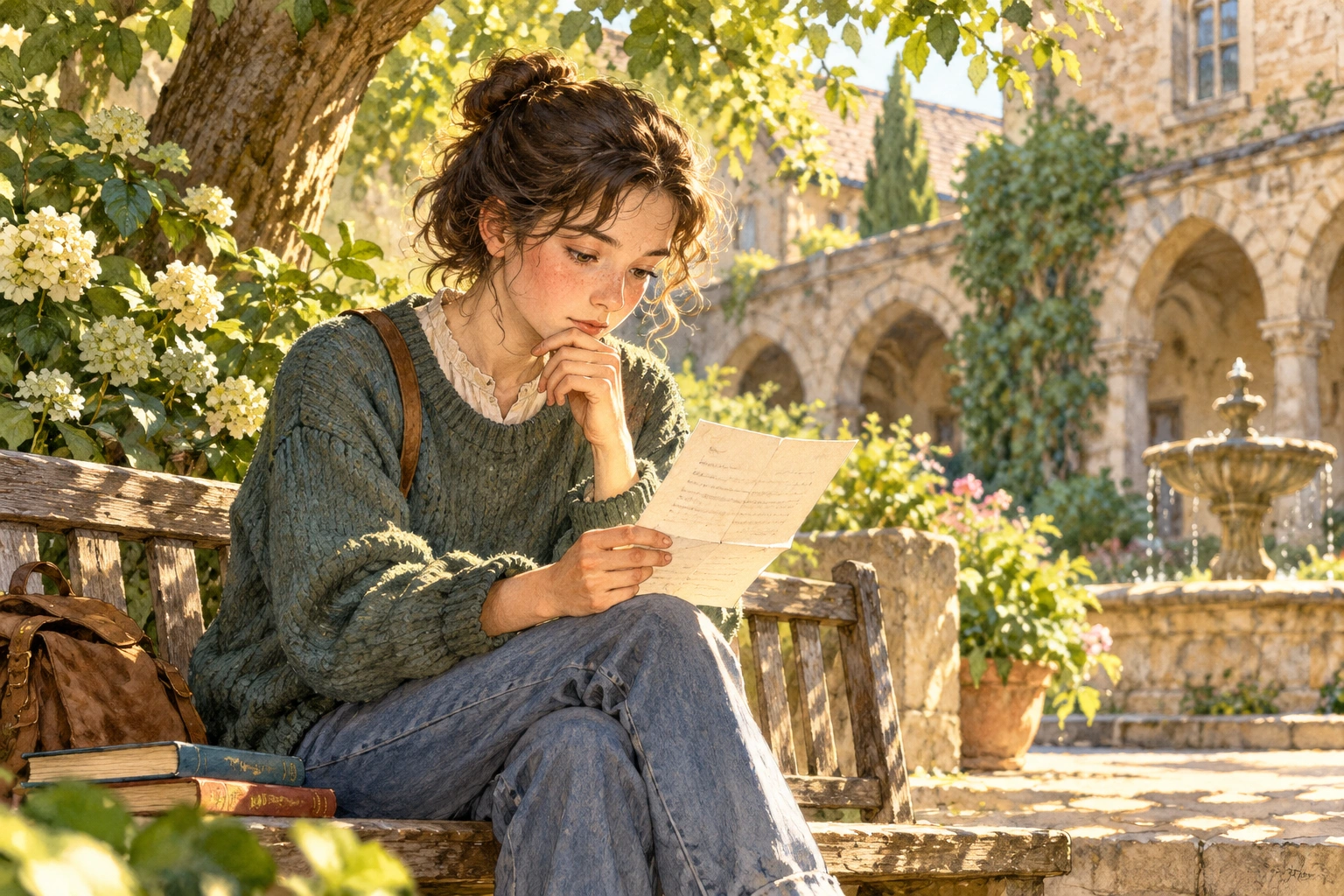 a student reading a letter and pausing before responding at a courtyard bench
