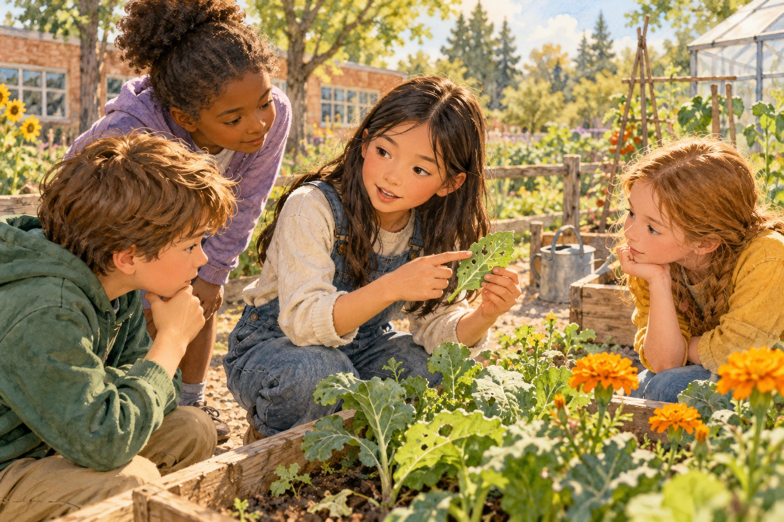 a student explaining an observation to friends at a school garden