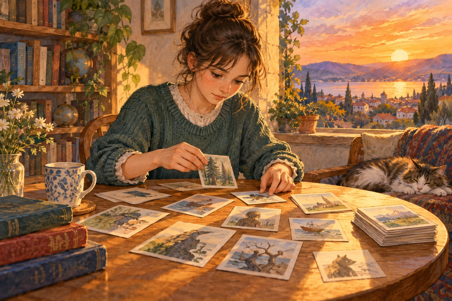 a student sorting evidence cards on a circular table at sunset