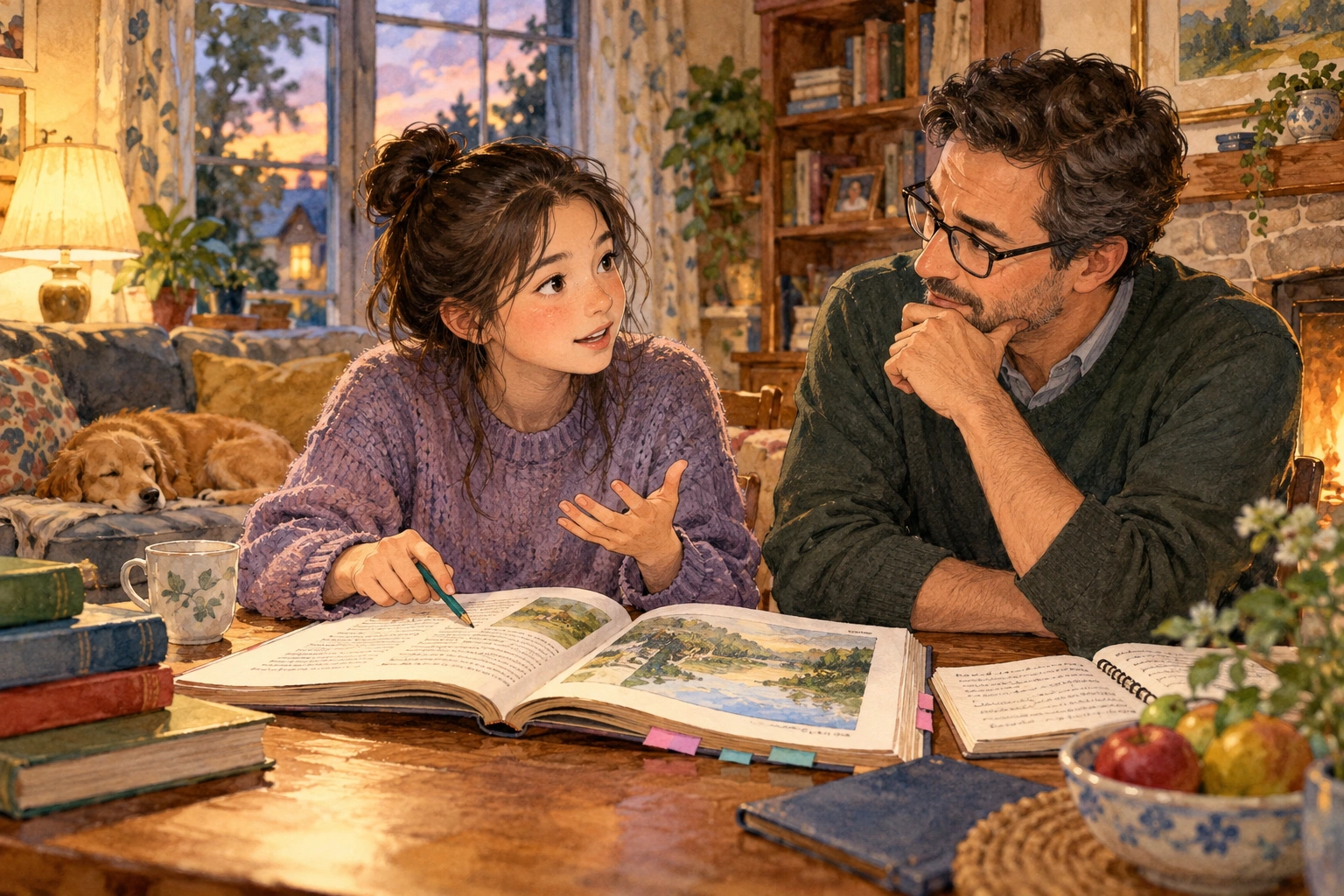 a student summarizing a nuanced debate to a parent in a cozy home