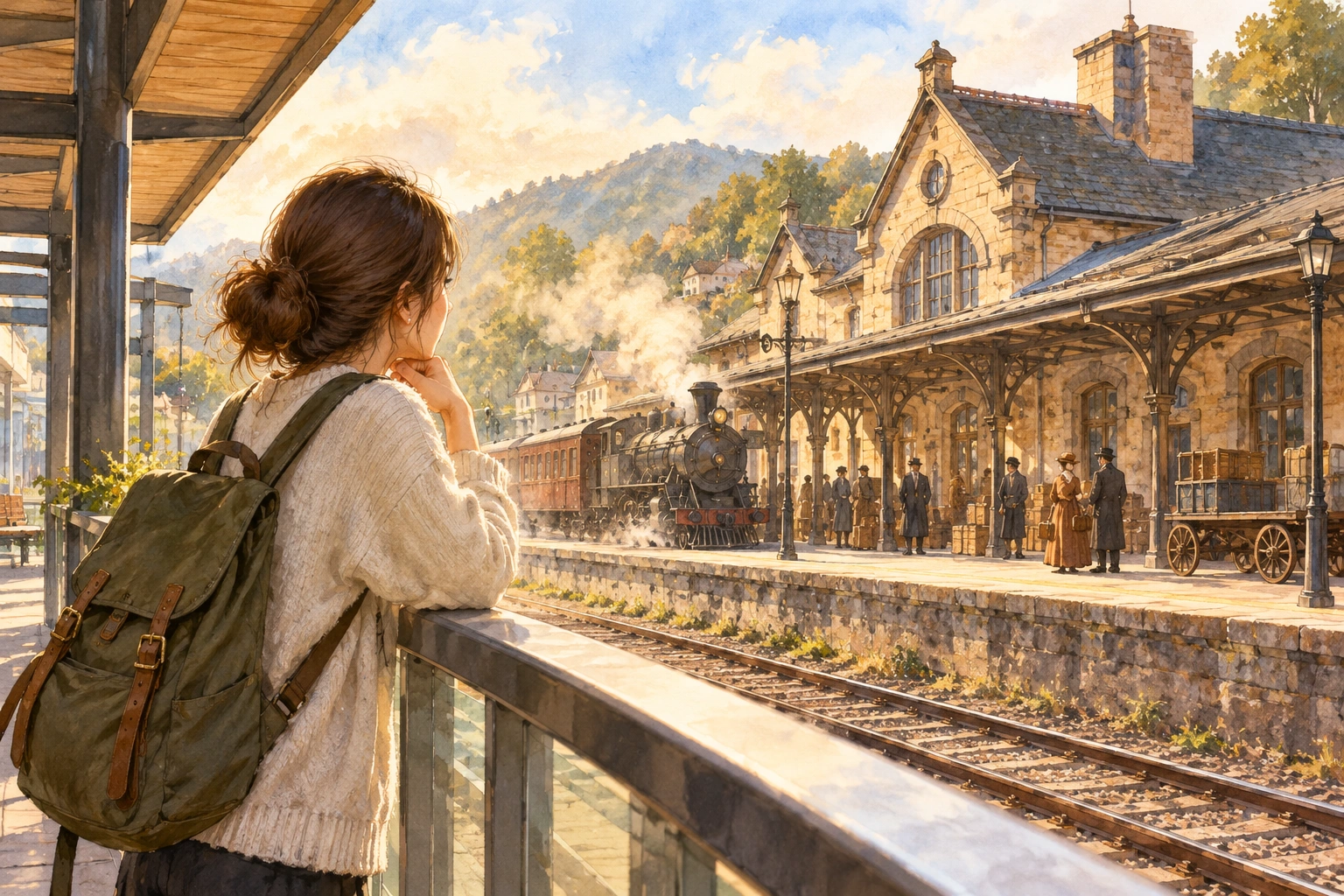 a narrator looking at an old train station from a present day platform