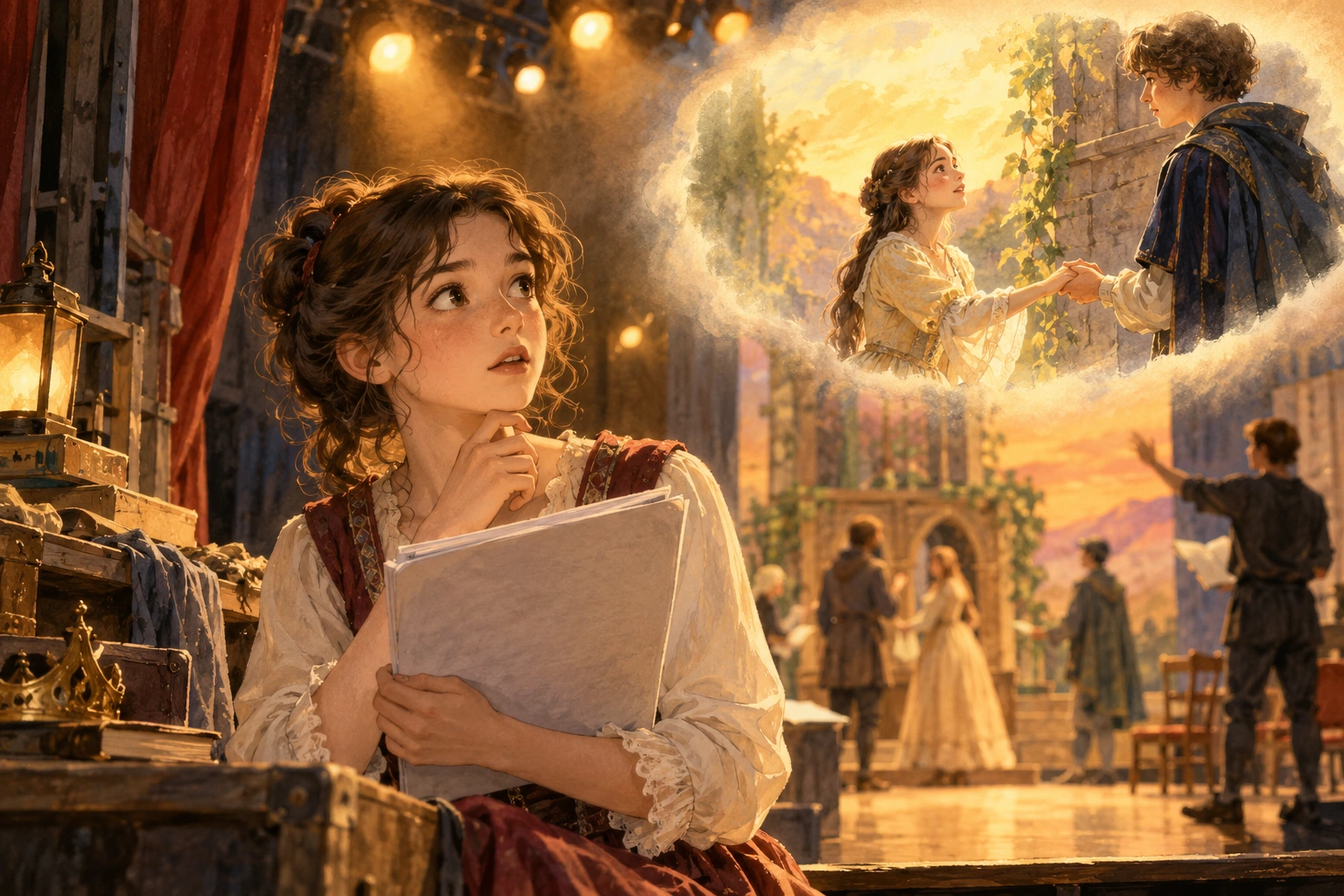 a student noticing a flashback in a theater rehearsal with warm stage lights