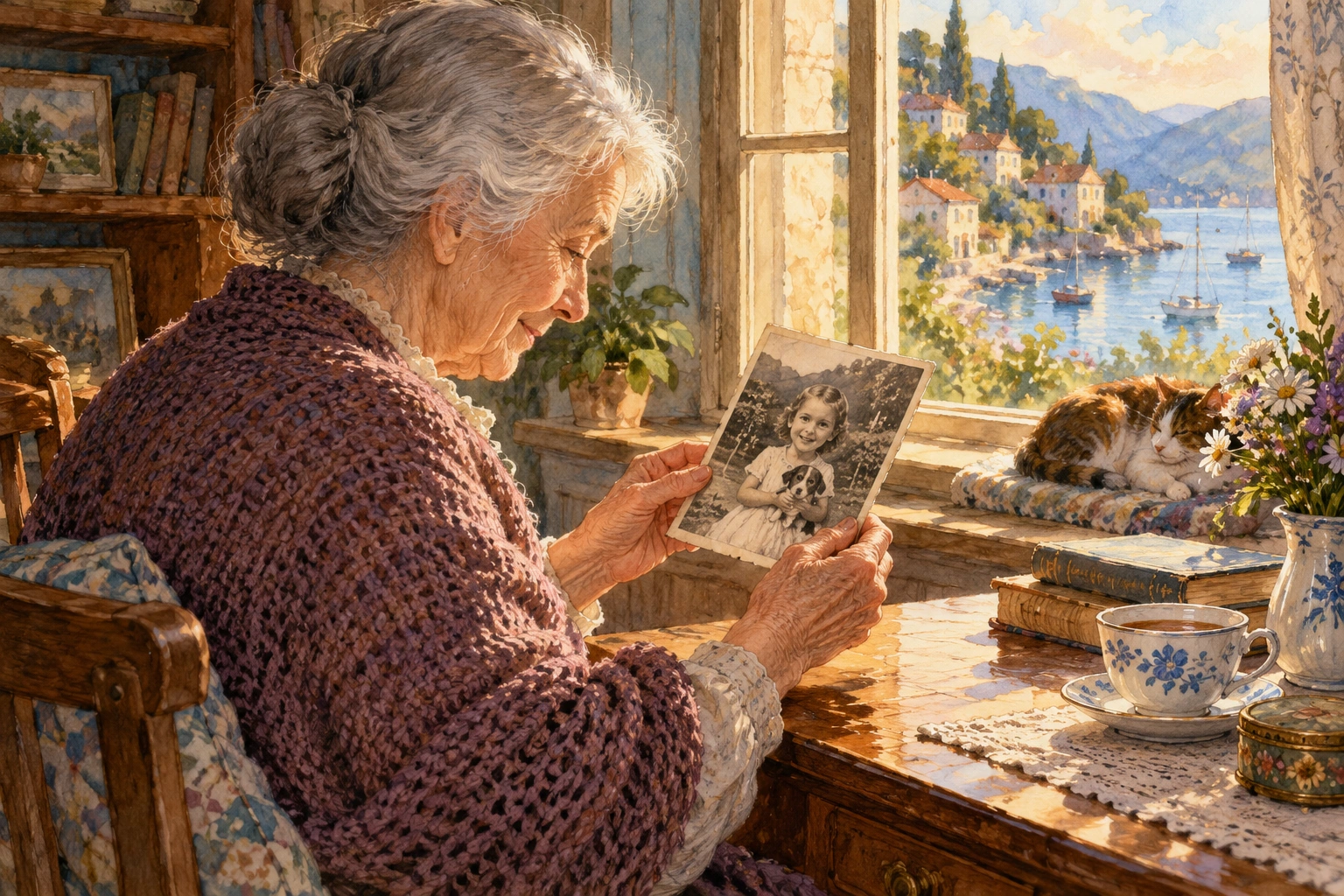 an elderly character holding a childhood photograph near a window