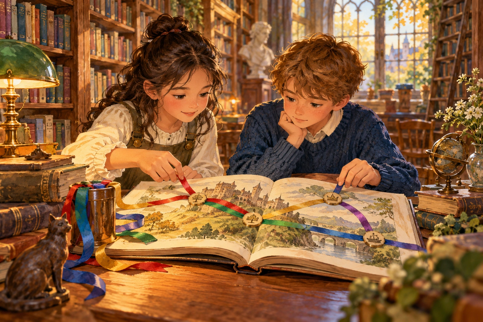 two students mapping story time with colored ribbons in a library