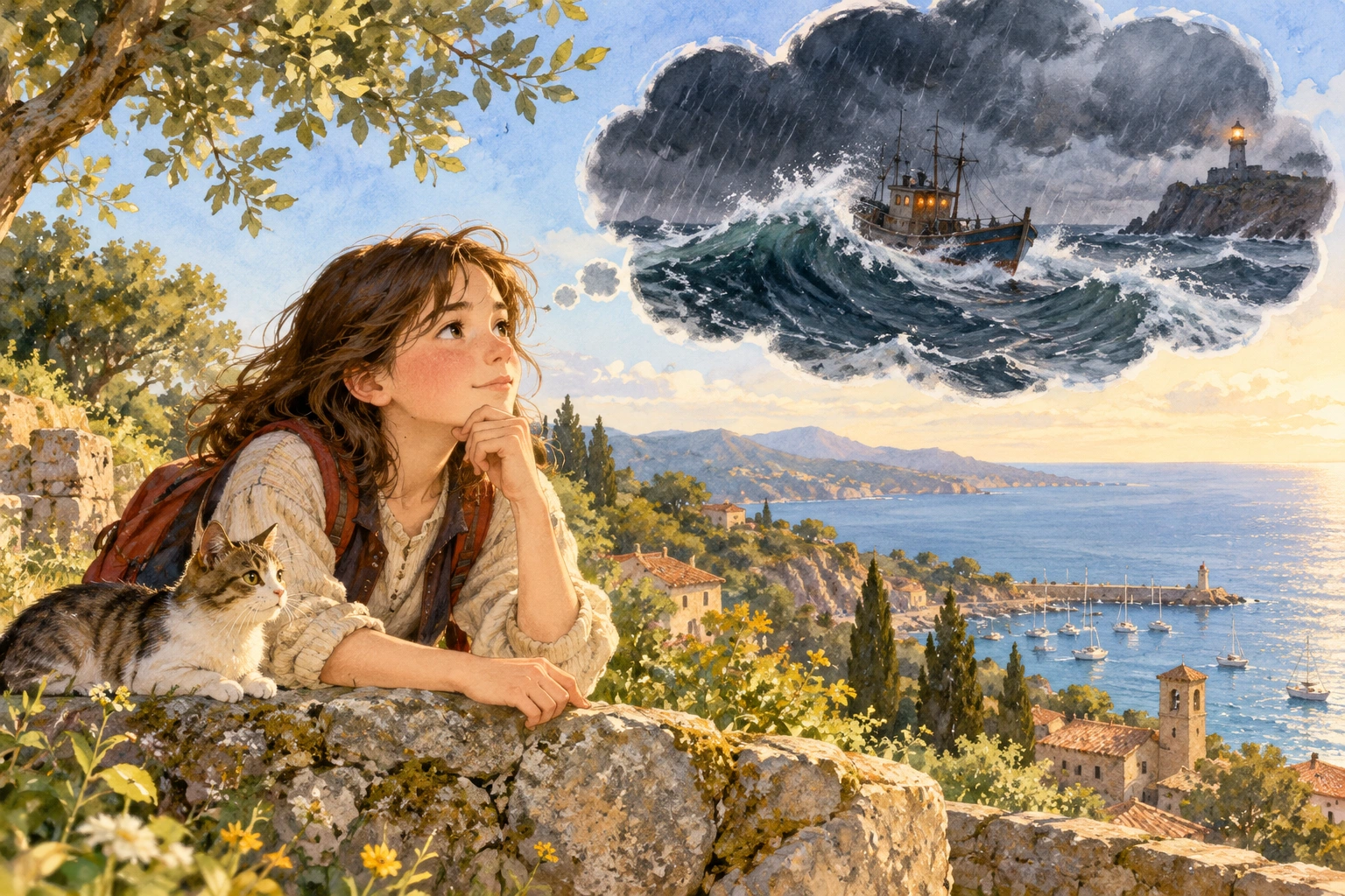 a character recalling a storm while standing in clear weather