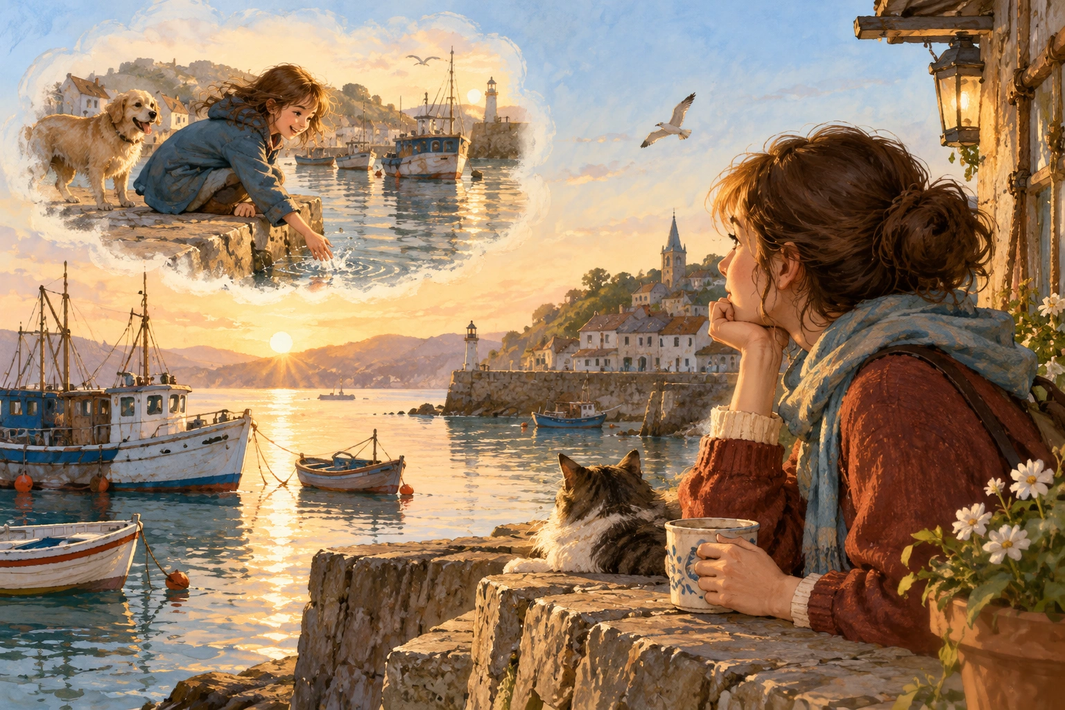 a quiet harbor scene shown through a character's memory and present gaze