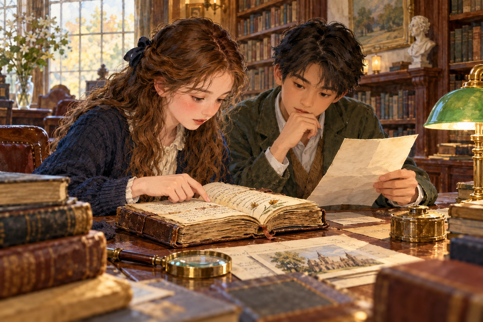 students examining an old diary and a current letter in a reading room