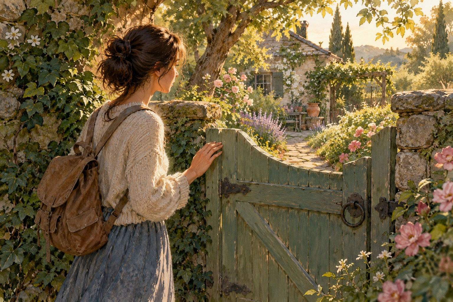 a character returning to a childhood garden and noticing a changed gate