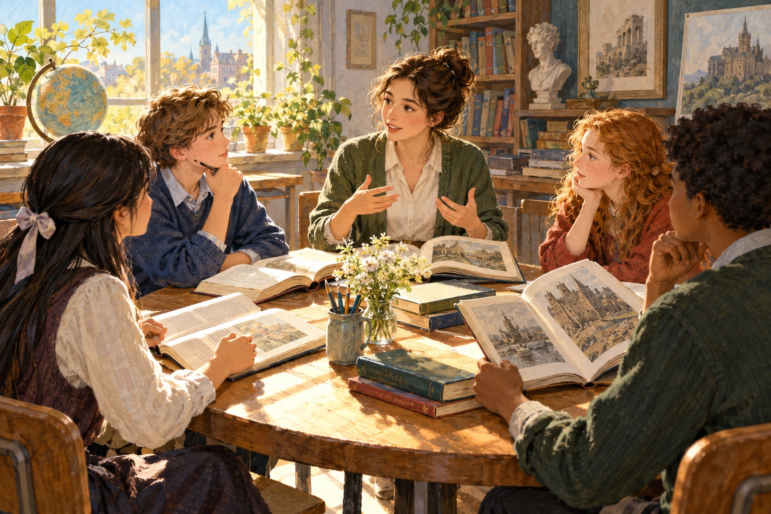 a literature discussion circle comparing past and present in a sunlit classroom