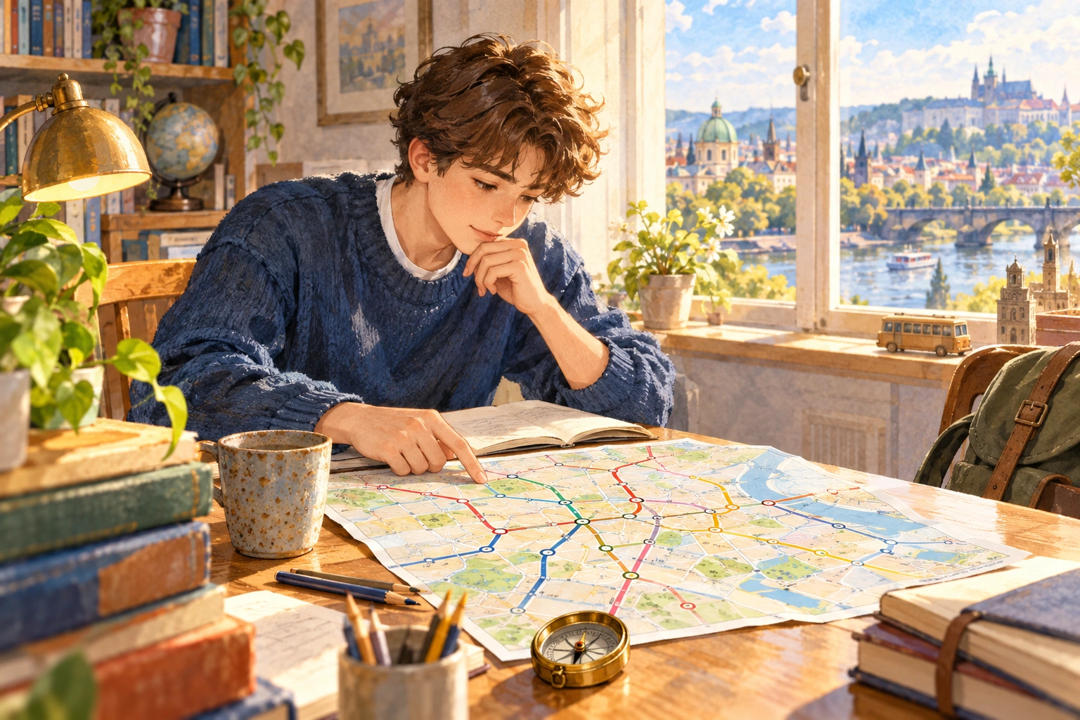 a senior student studying a hypothetical city transit map in a bright study room