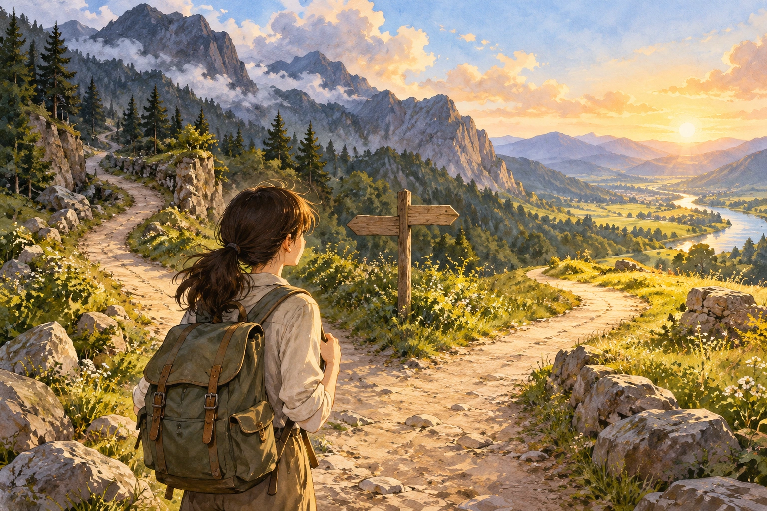 a student observing two roads diverge in a mountain valley