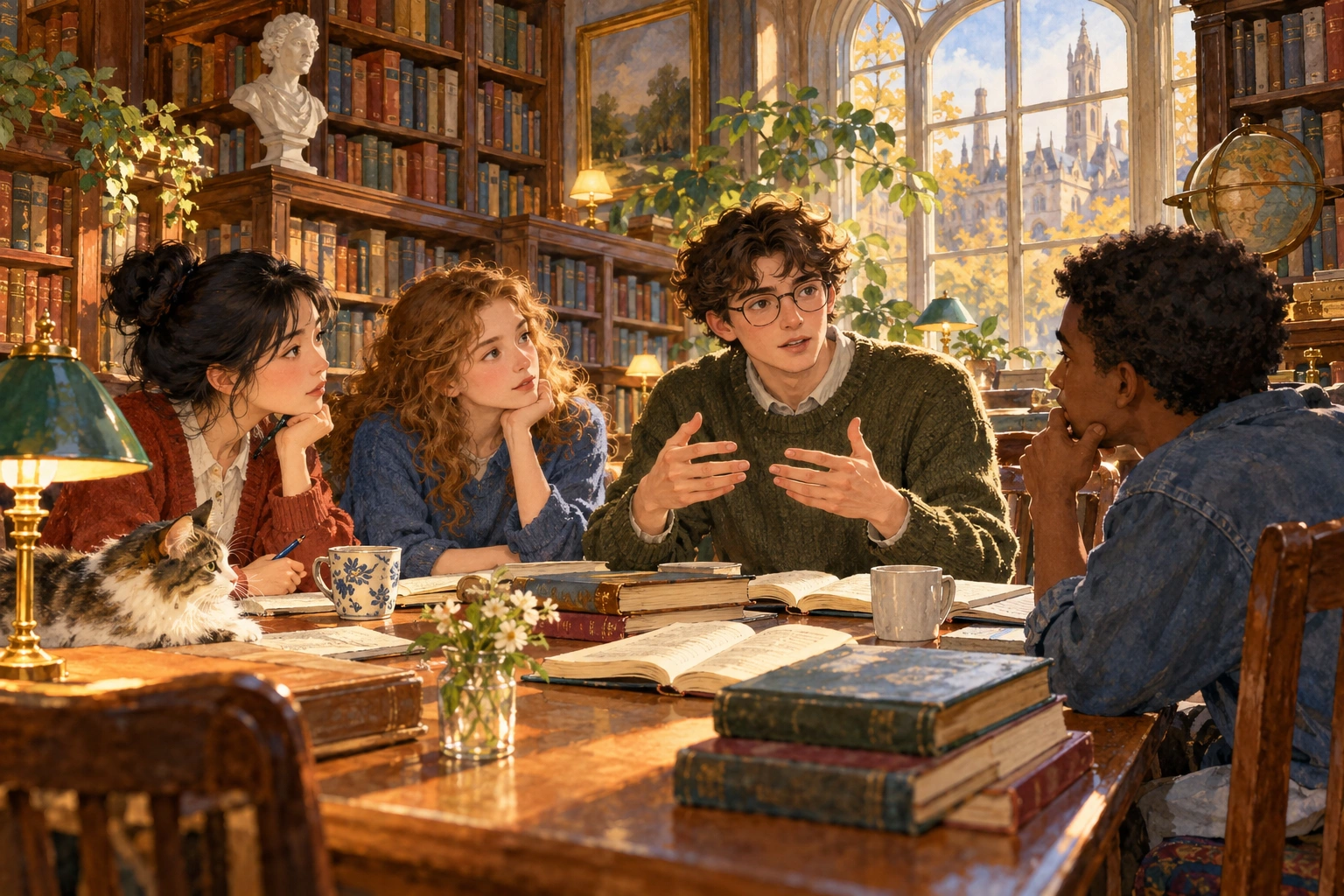 a discussion group weighing a counterfactual claim in a library