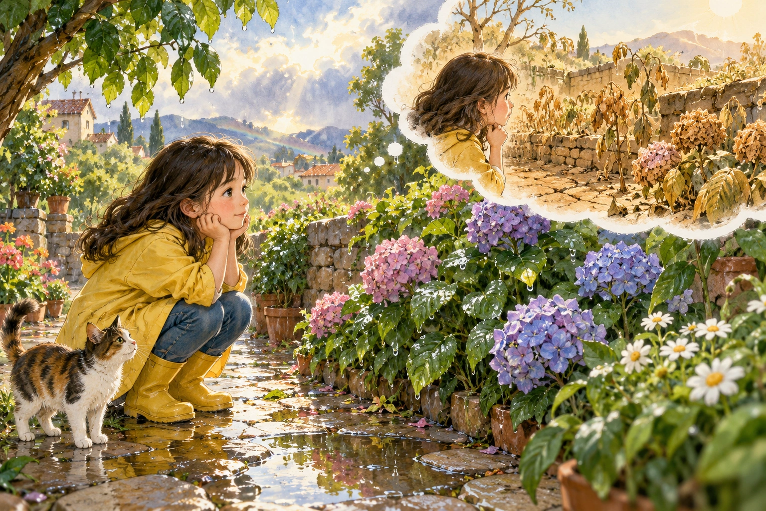 a student viewing a garden after rain and imagining no rain