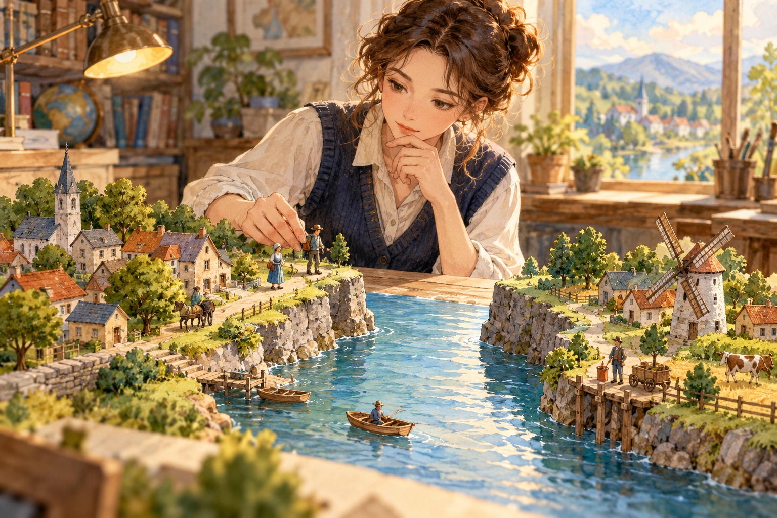a researcher considering what would happen without a bridge in a miniature town model