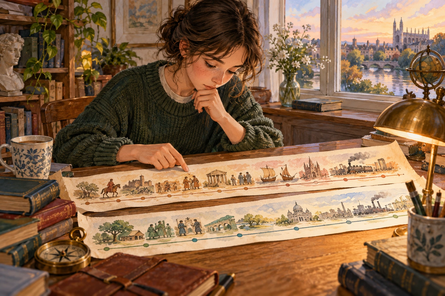 a senior student comparing two timeline ribbons on a desk