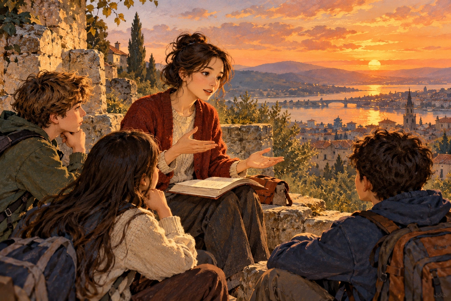 a senior student explaining the limit of a hypothetical conclusion at sunset