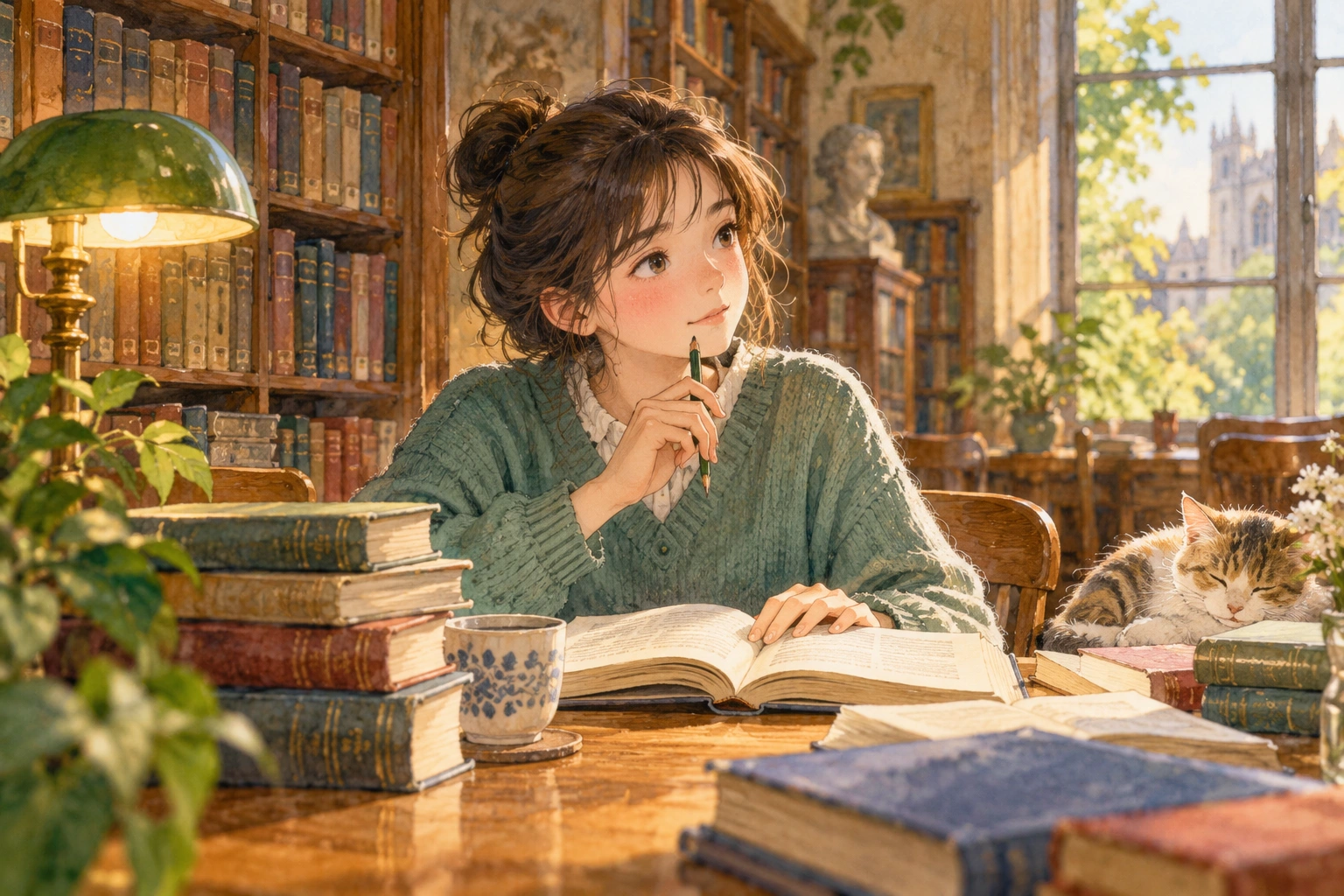 a student reconstructing a missing sentence from surrounding paragraphs in a quiet library