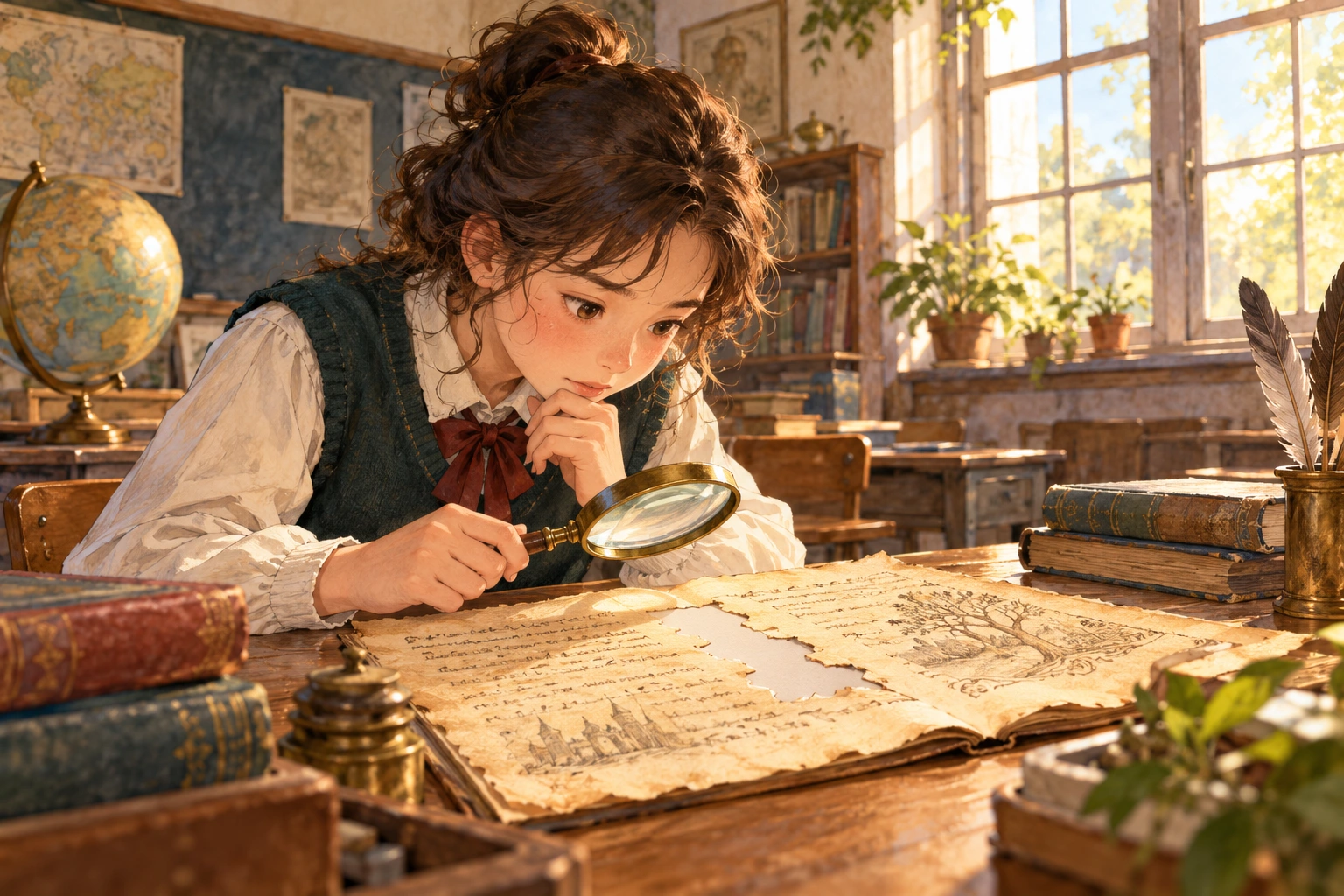 a student looking for a clue before a gap in a manuscript in a classroom