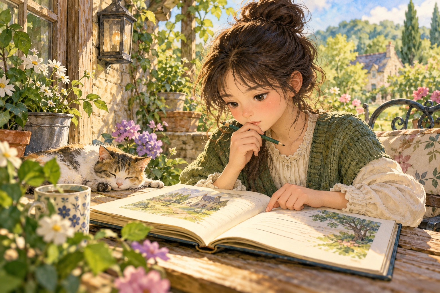 a student looking after a blank space in a story in a garden study nook