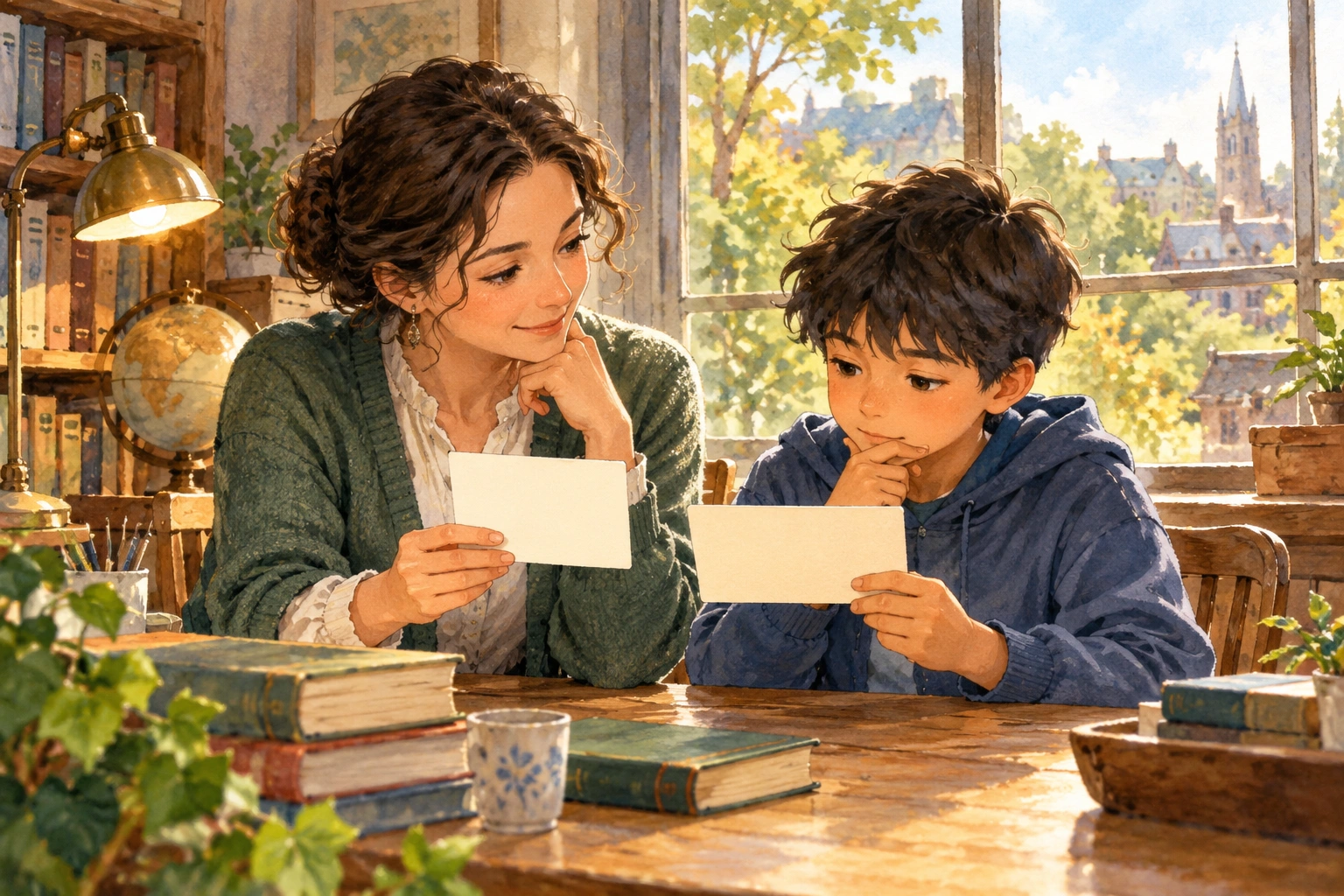 a teacher and student comparing two candidate sentences on blank cards