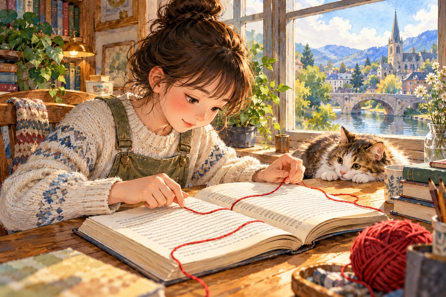 a student tracing reference words through a paragraph with colored thread