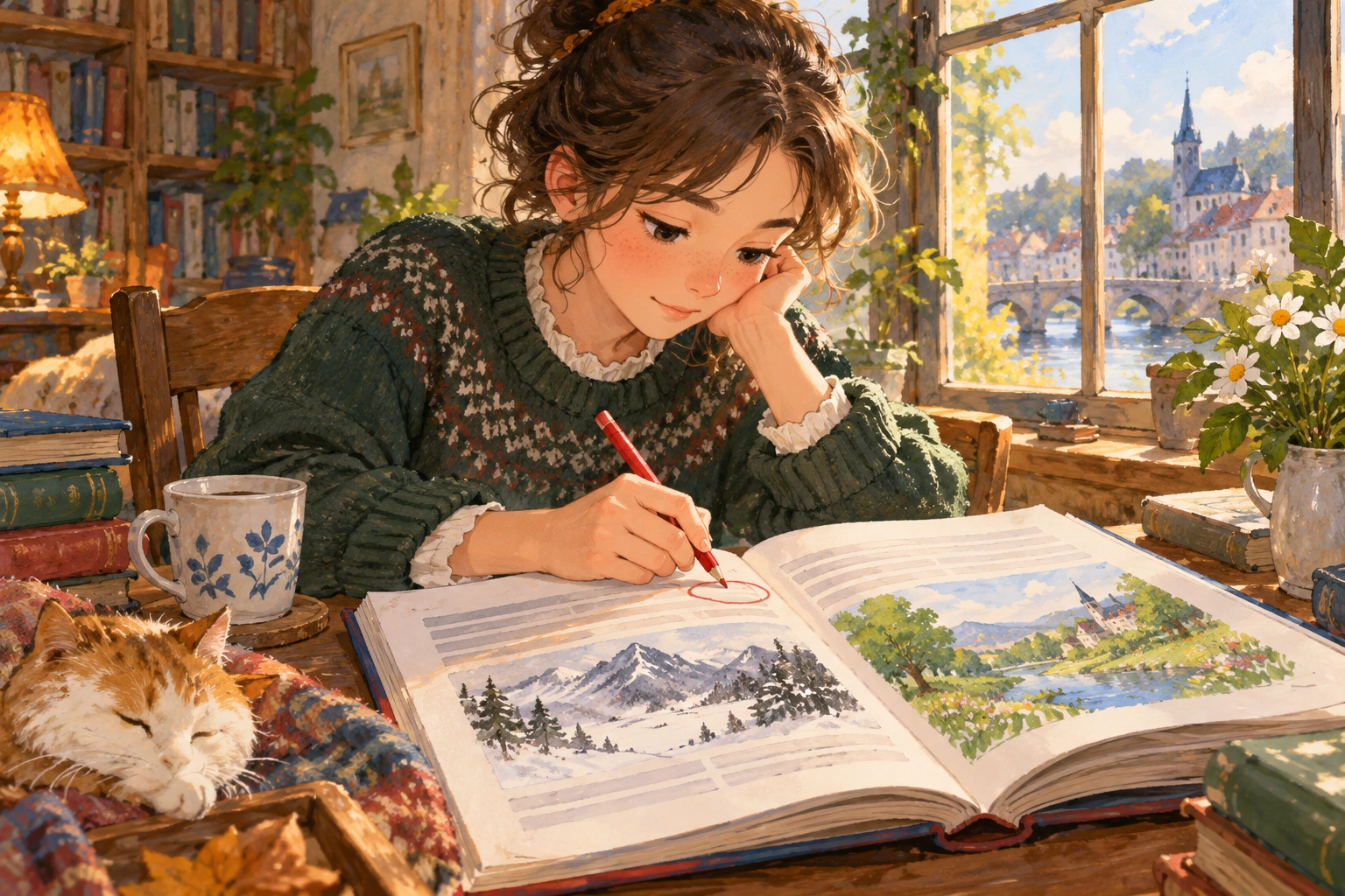 a student circling a contrast cue on a book page with no readable words