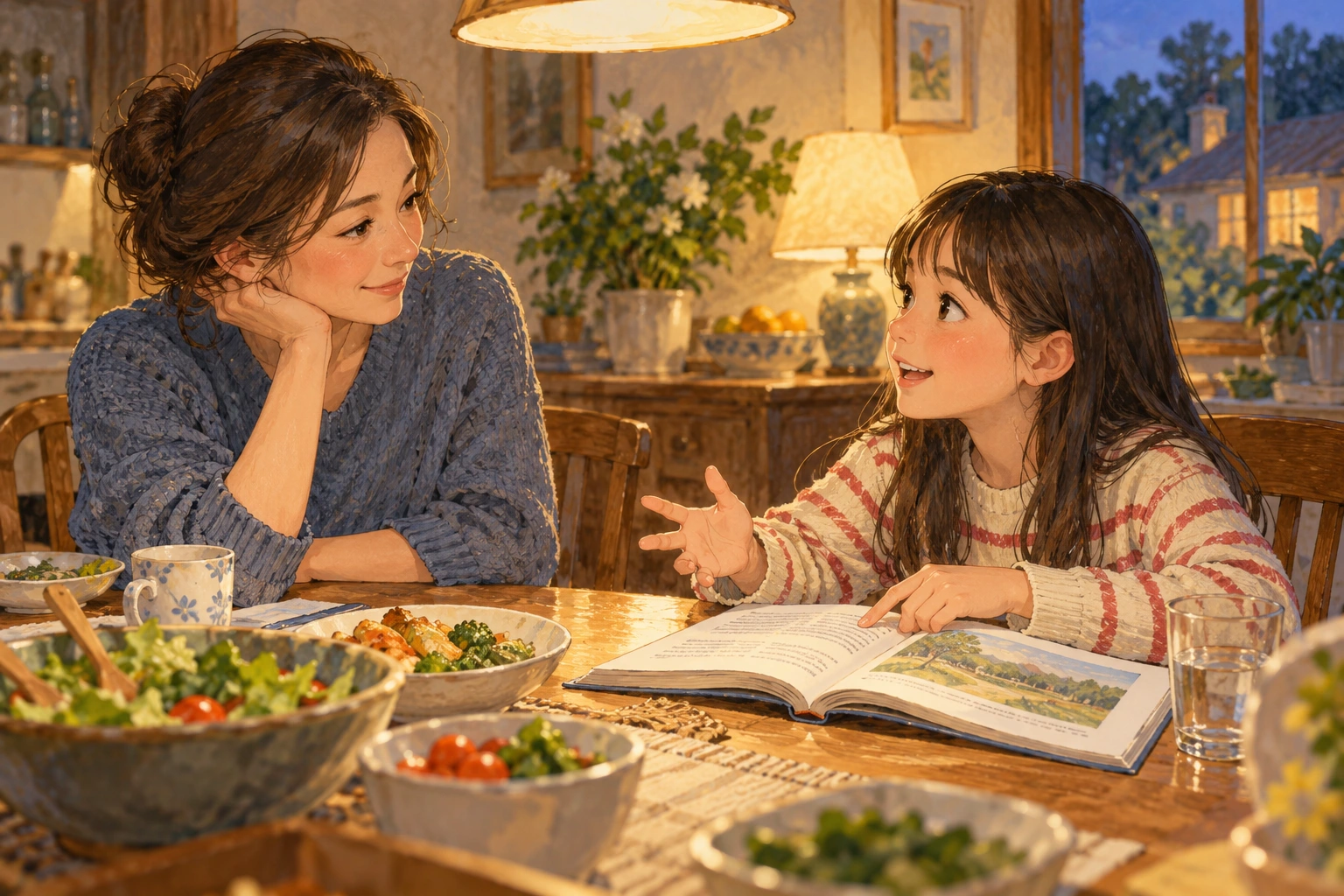 a parent listening as a student explains a sentence position at the dinner table