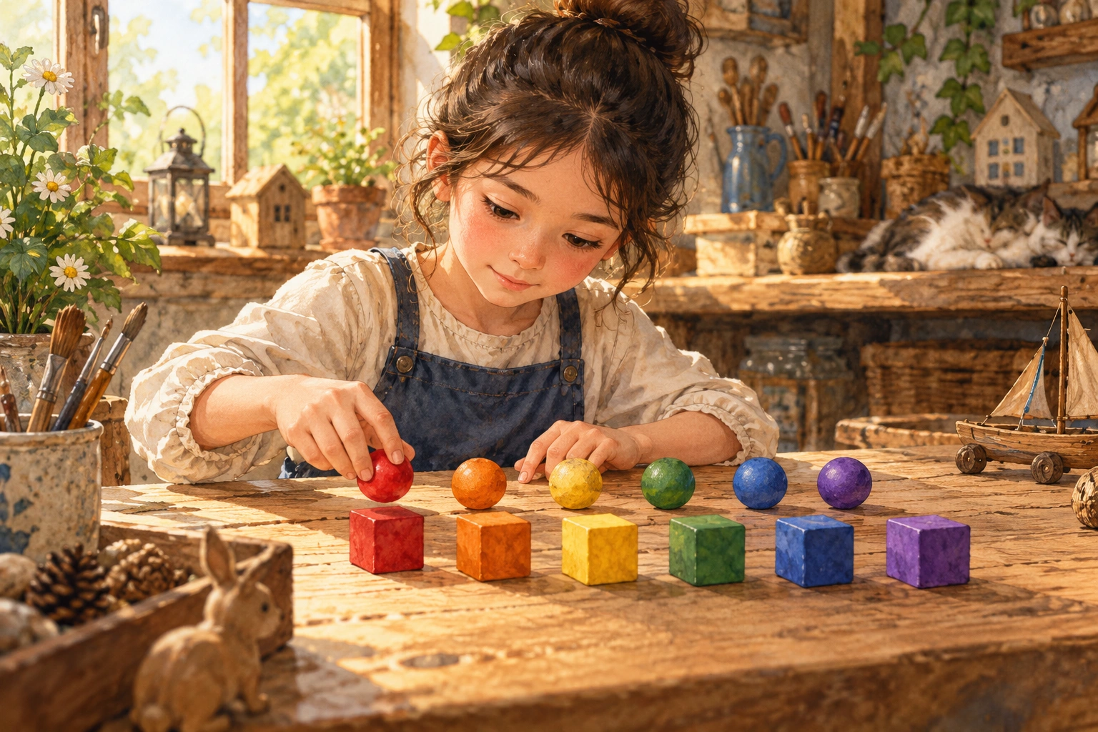 a student carefully pairing two sets of colored objects in a workshop