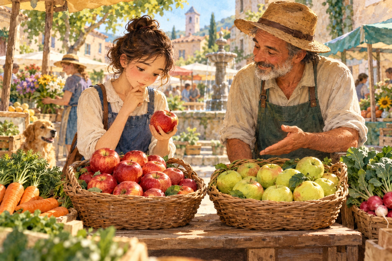 a market scene with paired baskets and growers