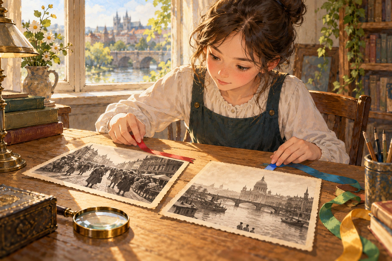 a student laying colored ribbons beside two historical photographs