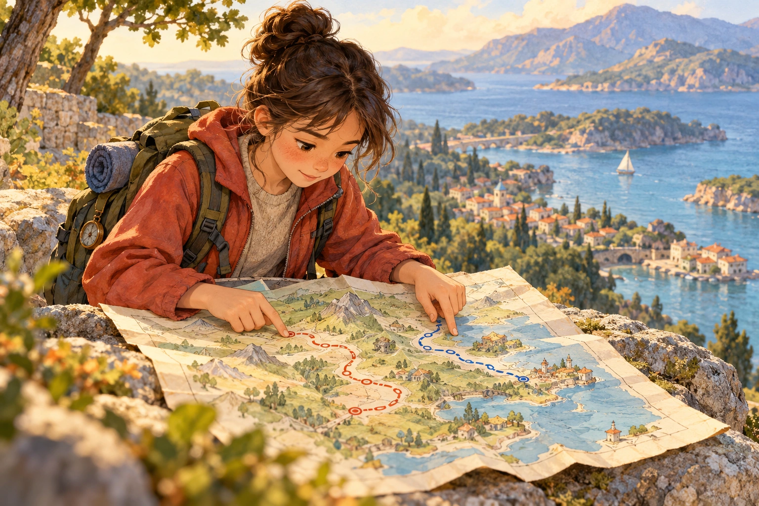 a student comparing two named routes on a paper map without legible words