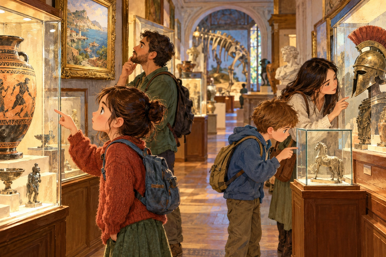 a group checking each item against a corresponding place in a small museum