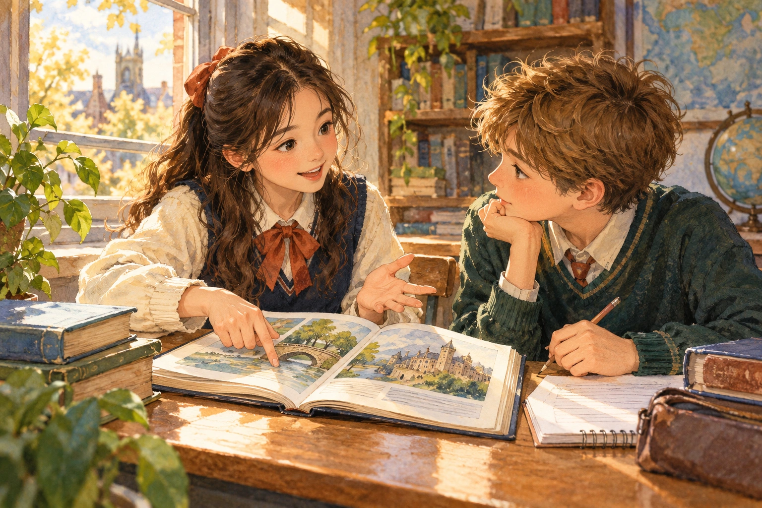 a student explaining correct pairs to a friend at a school desk