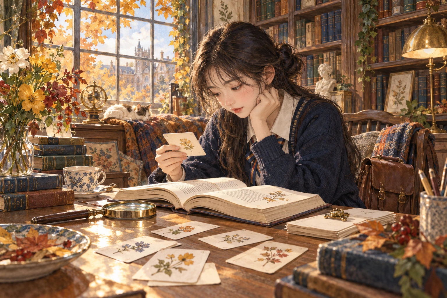 도서관에서 어휘 카드와 책의 문맥을 비교하는 학생